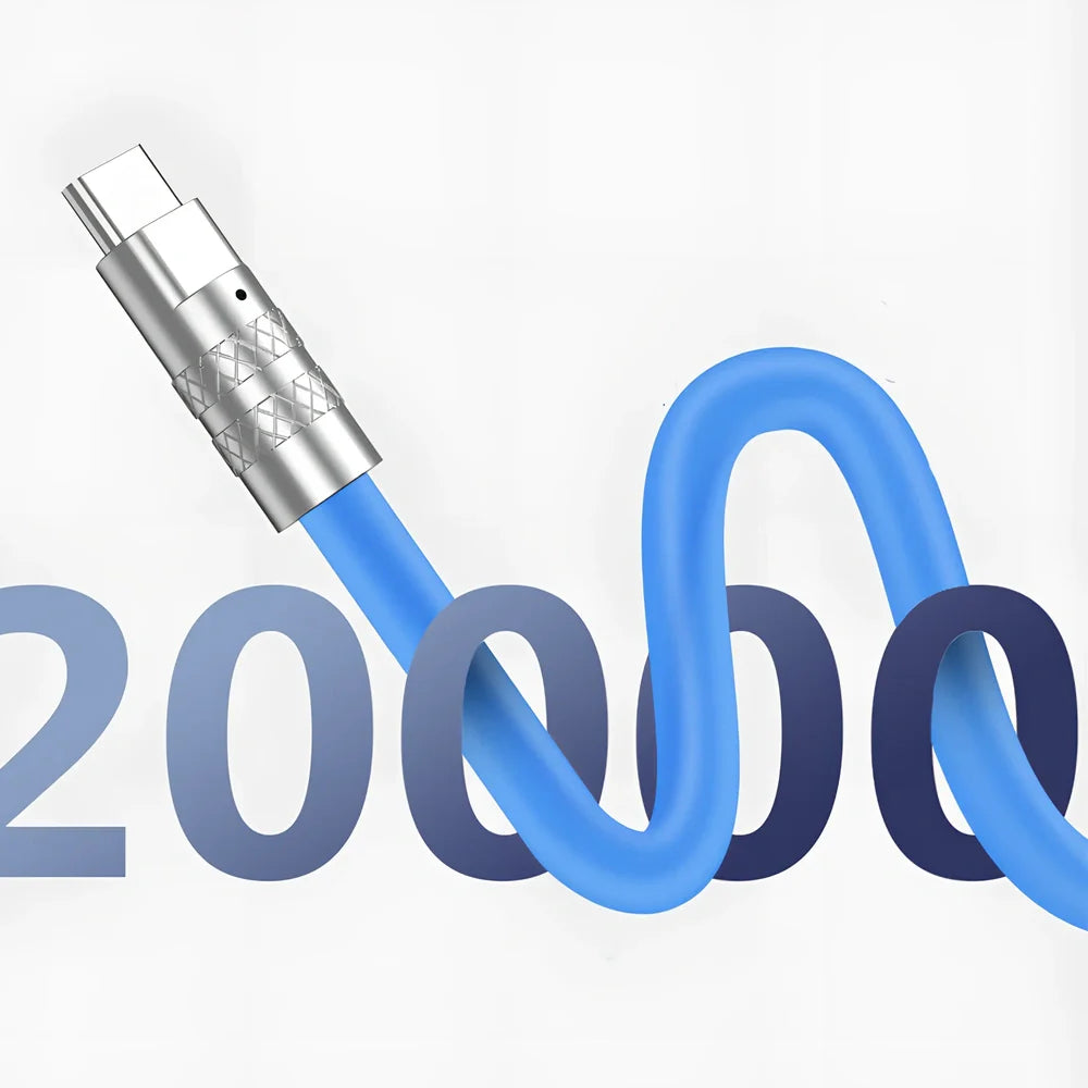 Rotating Type C data cable with 360-degree swivel connector in blue colour showing flexible silicone construction