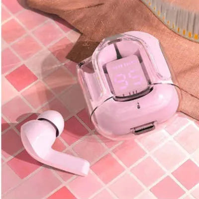 Transparent capsule case containing true wireless Bluetooth earbuds in light blue, showing digital display.
