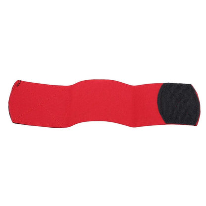 Rubber shin guard strap for football in red, shown securing a shin pad.