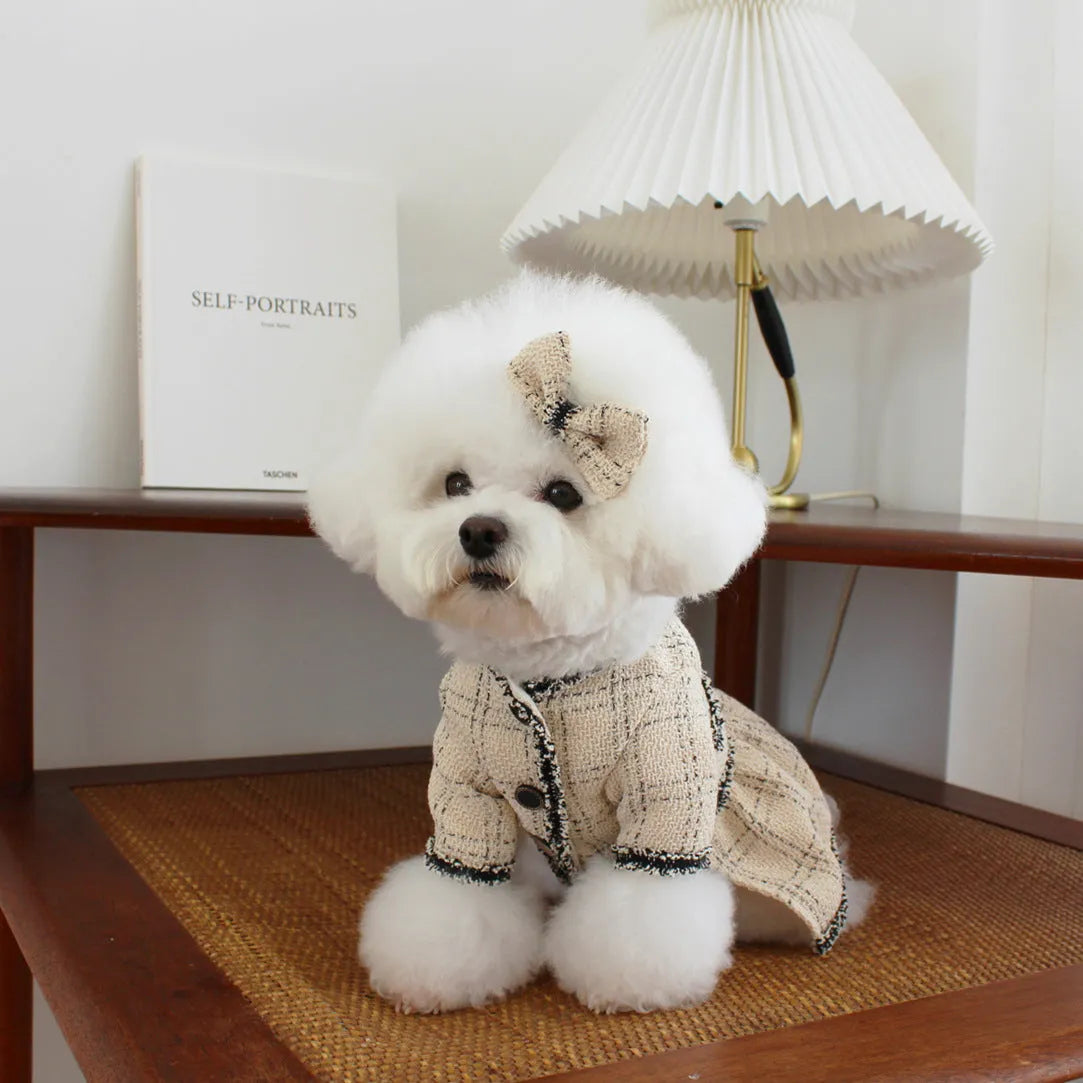 Beige cotton pet princess skirt with hairpin, sizes XS to 2XL, neck 20-35cm, bust 30-82cm, length 22-36cm