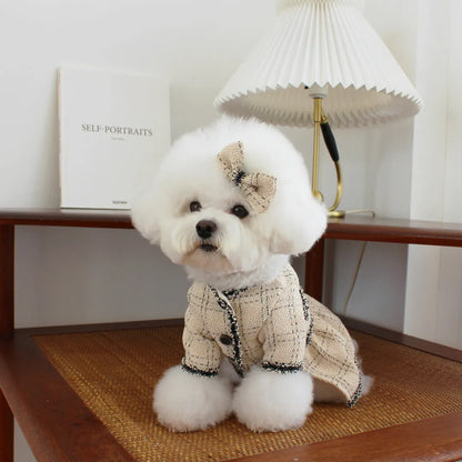 Beige cotton pet princess skirt with hairpin, sizes XS to 2XL, neck 20-35cm, bust 30-82cm, length 22-36cm