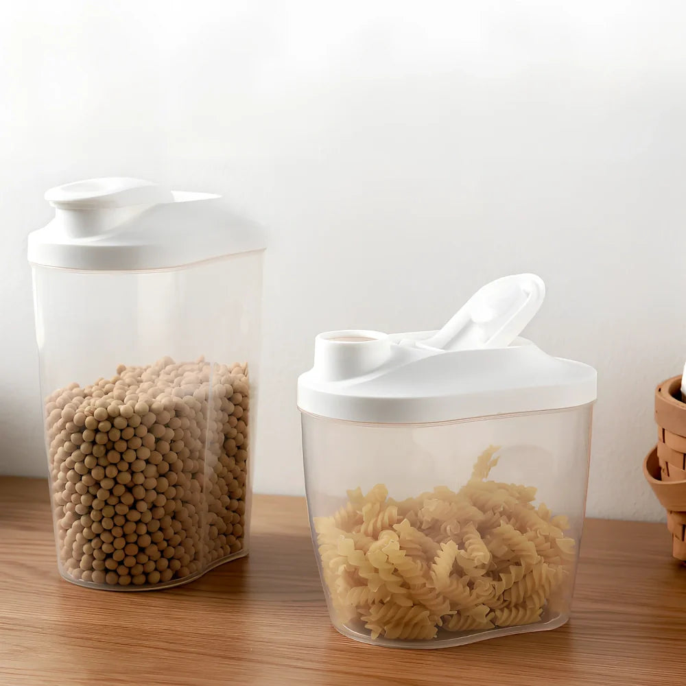 Clear plastic kitchen storage containers with airtight lids for beans and grains