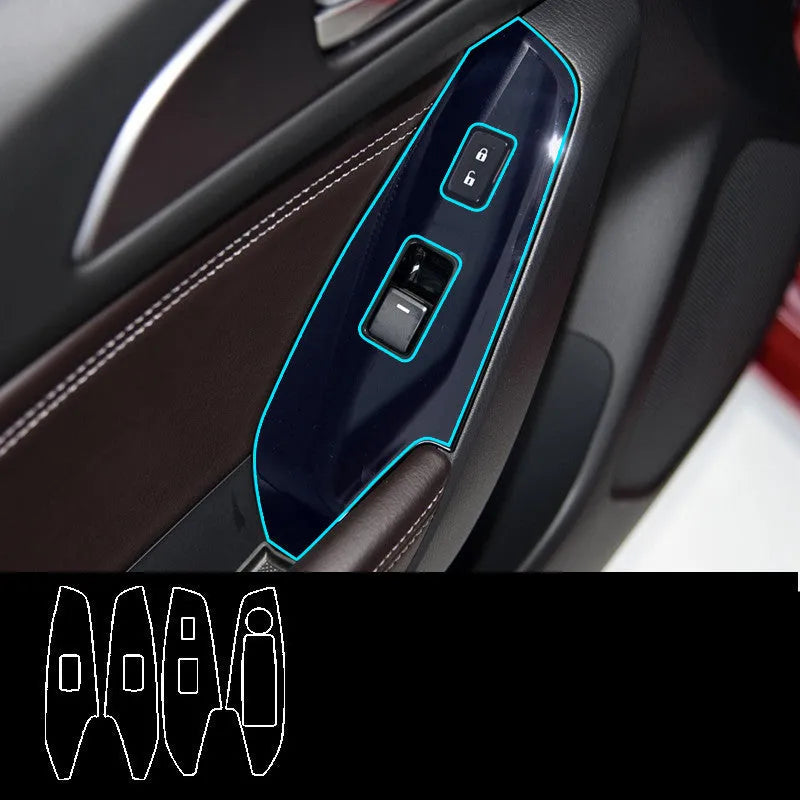TPU protective film set for car door control panels in transparent, carbon fibre black, and matte black finishes