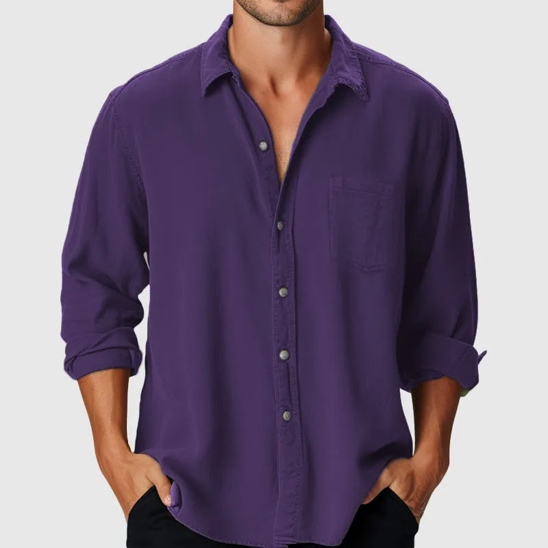 Pure Colour men's loose-fit beach shirt with stand collar and long sleeves in polyester fabric, showing colour options and sizing range