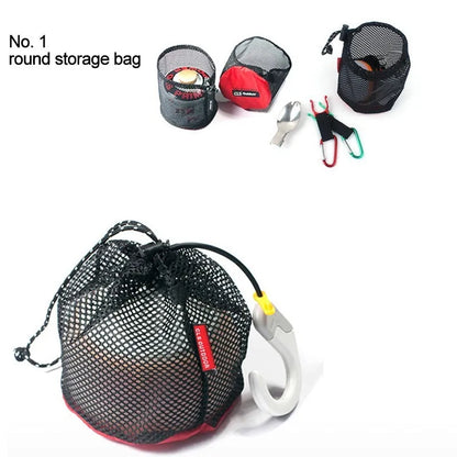 Red 5-piece outdoor travel storage bag set made from Oxford cloth with mesh panels and zipper closures.