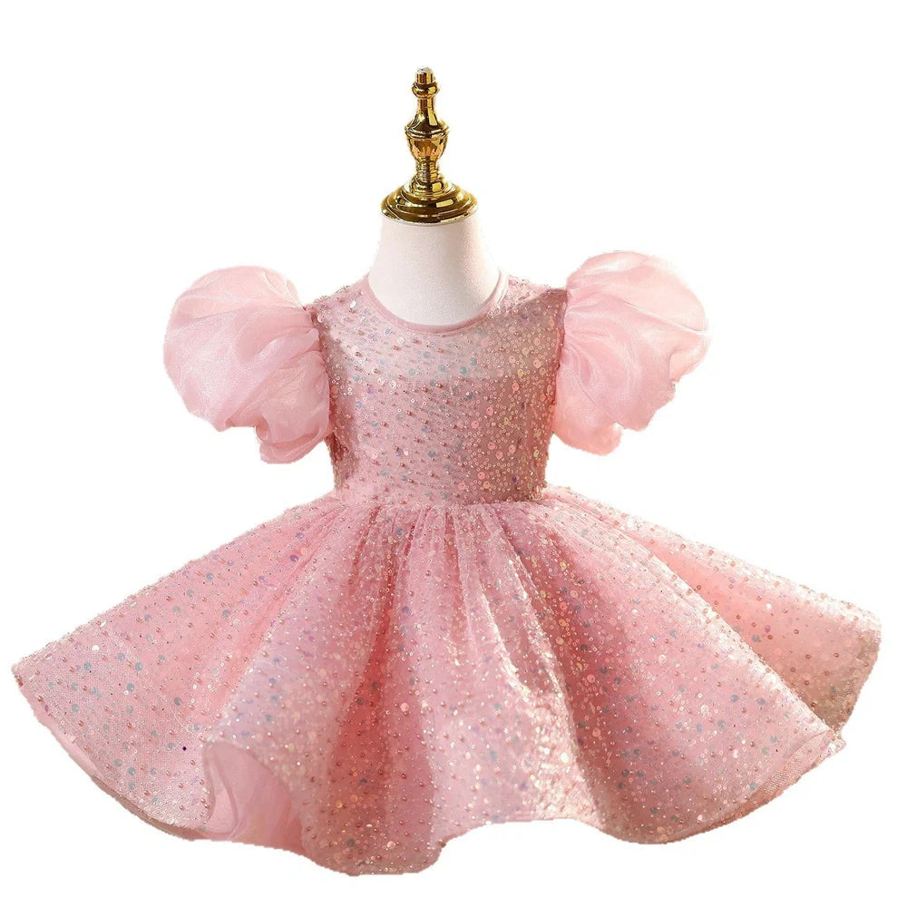 Pink children's sequined formal dress with puff sleeves for flower girl and wedding occasions