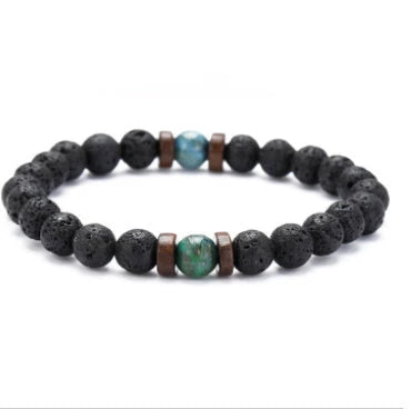 Stylish men's bracelet made with natural volcanic stone, flash stone, and wood chip in a geometric, mosaic-like design