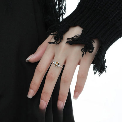 Silver saturn open ring with adjustable opening in white gold colour finish featuring tigereye design elements