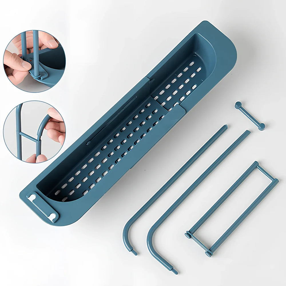 Blue telescopic sink rack holder with double-layer storage and drainage holes, mounted above kitchen sink