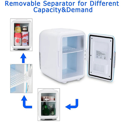 Blue 4L car refrigerator with handle showing dimensions and cigarette lighter plug