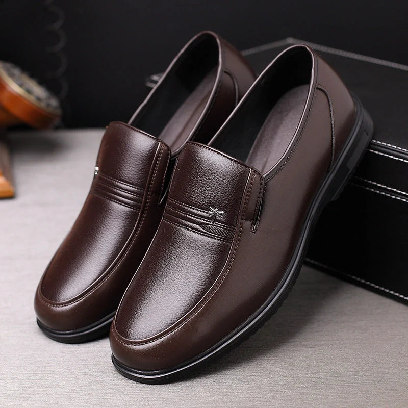 Men's leather business casual shoes with rubber sole, available in brown and black
