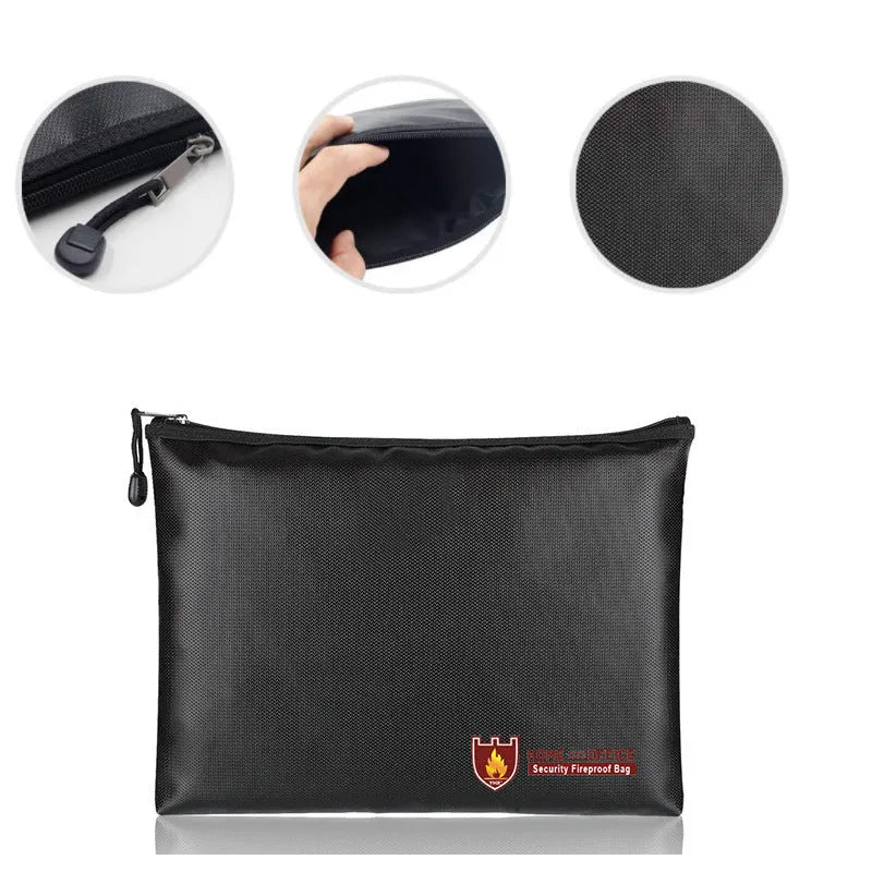 Black fire-proof contract document bag shown in three sizes for business paperwork storage