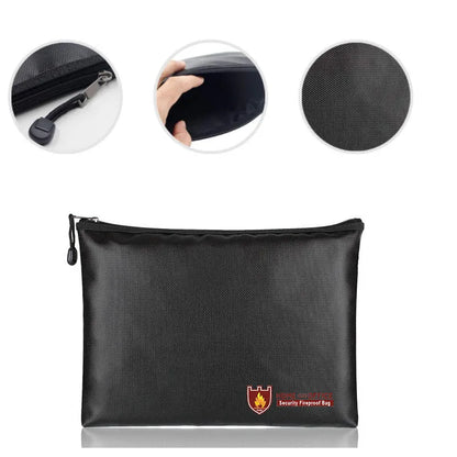 Black fire-proof contract document bag shown in three sizes for business paperwork storage