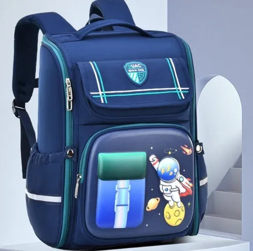 Children's cartoon backpack with airpillow straps in rabbit pink colour showing size comparison