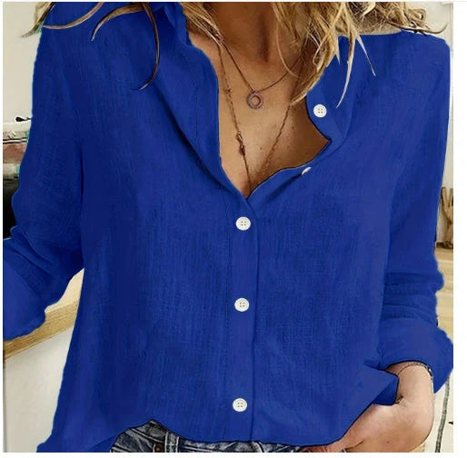Loose Button Lapel Cardigan Top Long Sleeve Shirt for Women in various colors and sizes