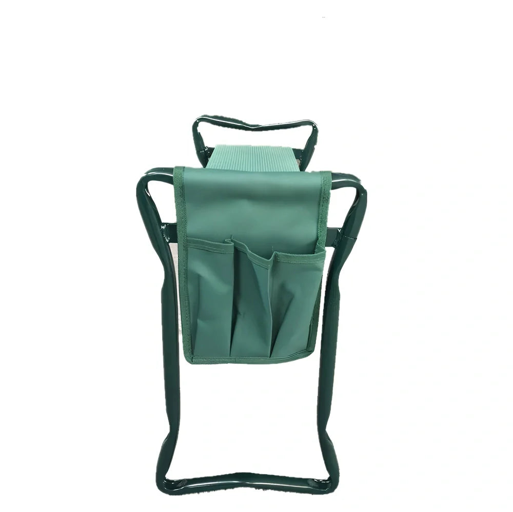 Green foldable outdoor garden bench with foam pad and side tool pouch