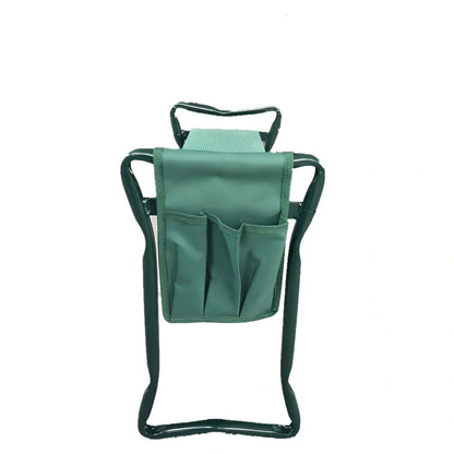 Green foldable outdoor garden bench with foam pad and side tool pouch