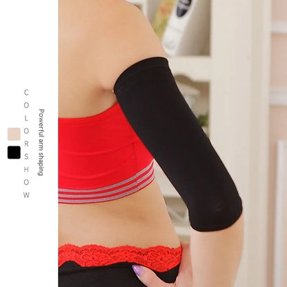 Women's black nylon shaping arm sleeve, free size, laid flat.