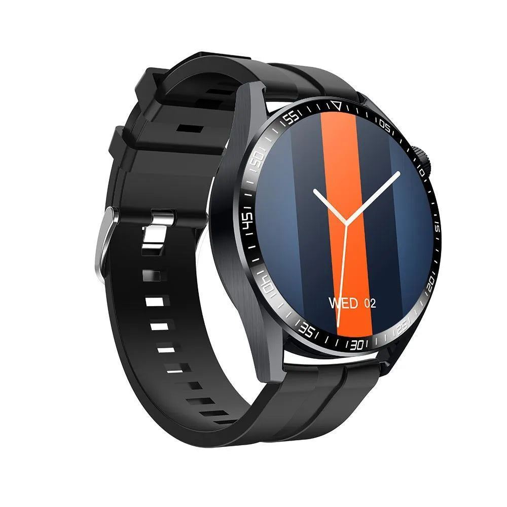 Black GS3 Max smartwatch with a 1.35-inch screen on a silicone wristband, showing health metrics and call interface.