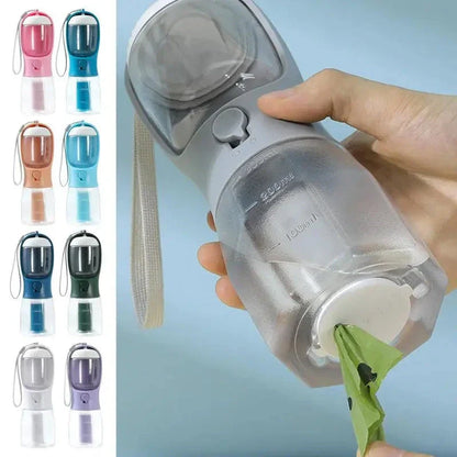 Versatile 3-in-1 pet water bottle with integrated water dispenser, food container, and waste bag compartment