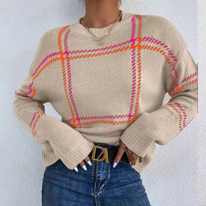 Women's loose-fit plaid colour-block acrylic sweater with apricot, black, beige stripes.
