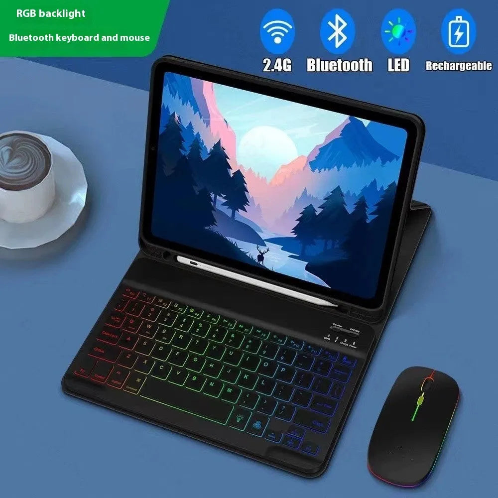 iPad in a black TPU leather case with a built-in luminous RGB backlit Bluetooth keyboard and a stand open.