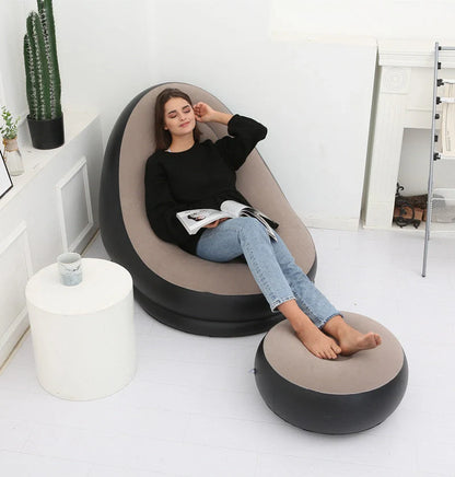 Inflatable Flocking Sofa in various colors, showcasing ergonomic design and portability