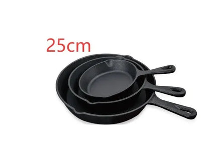 Cast iron frying pan with non-stick surface, flat bottom, sizes 16cm, 20cm and 25cm, shown without lid