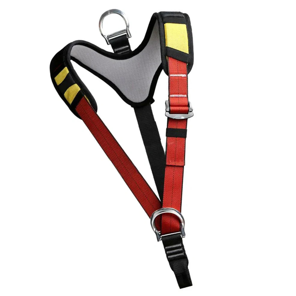 Red outdoor rescue seat belt for caving with reinforced stitching and polyester-silk blend material
