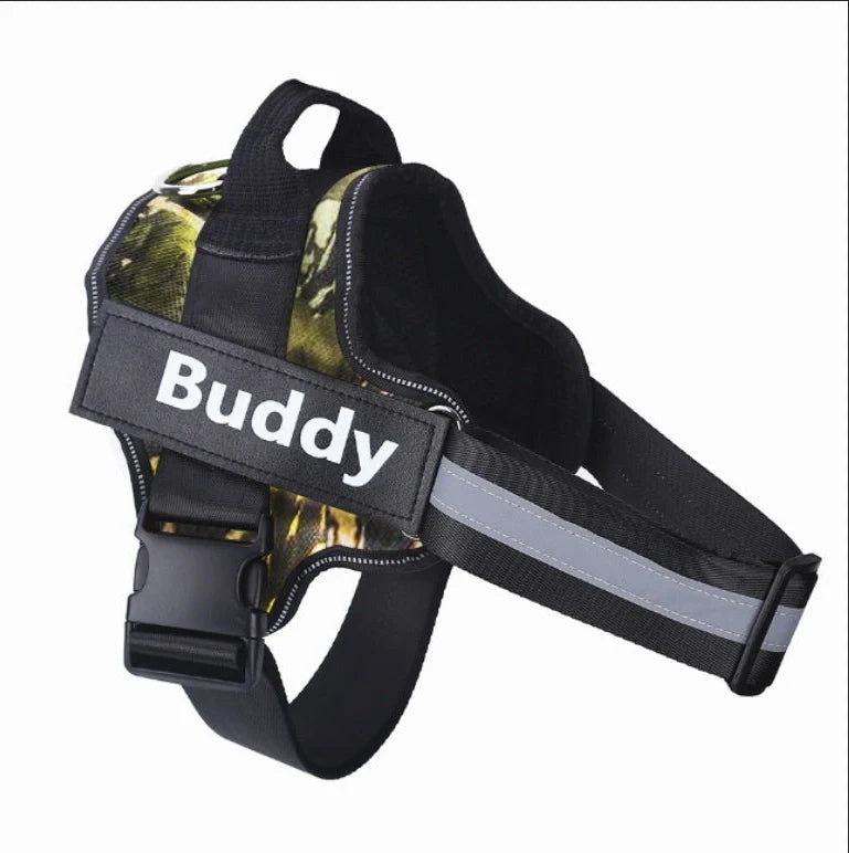 Personalised dog harness with reflective straps and adjustable chest fitting showing no-pull design