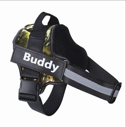 Personalised dog harness with reflective straps and adjustable chest fitting showing no-pull design