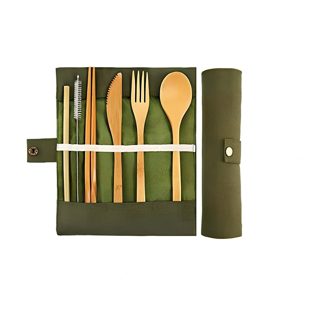 Green black reusable bamboo utensils set including 20cm spoon fork knife straw chopsticks brush and 22x19cm pouch for travel