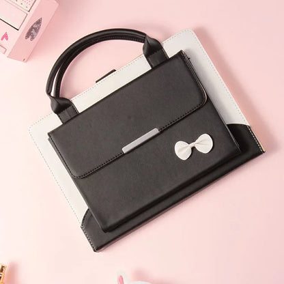 iPad case in black imitation leather with wallet style and bow handbag detail, compatible with iPad Air Pro Mini