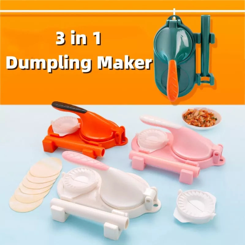 3-in-1 dumpling maker with ergonomic handle in pink, orange, white, and green