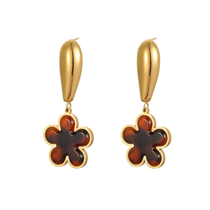 Women's tortoiseshell resin hawksbill colour earrings with 18K gold electroplating on stainless steel, showing heart-shaped and floral designs