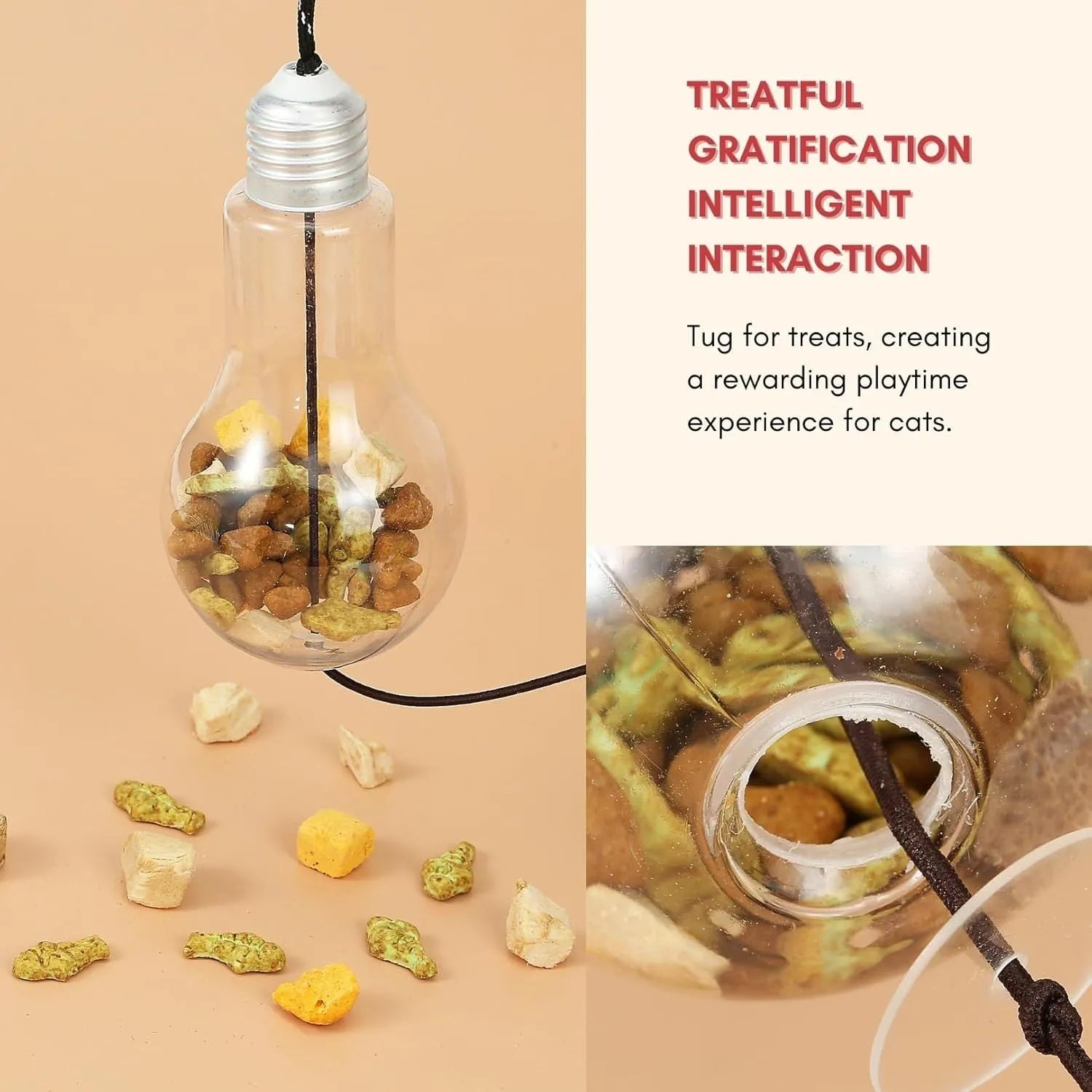 Grey and yellow interactive cat toy hanging on door frame with retractable elastic rope and treat dispenser