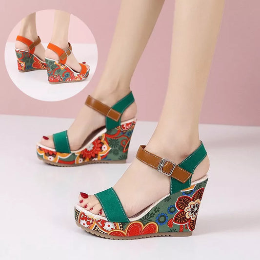 Women's floral embroidered high wedge sandals with buckle strap in black, green, and orange