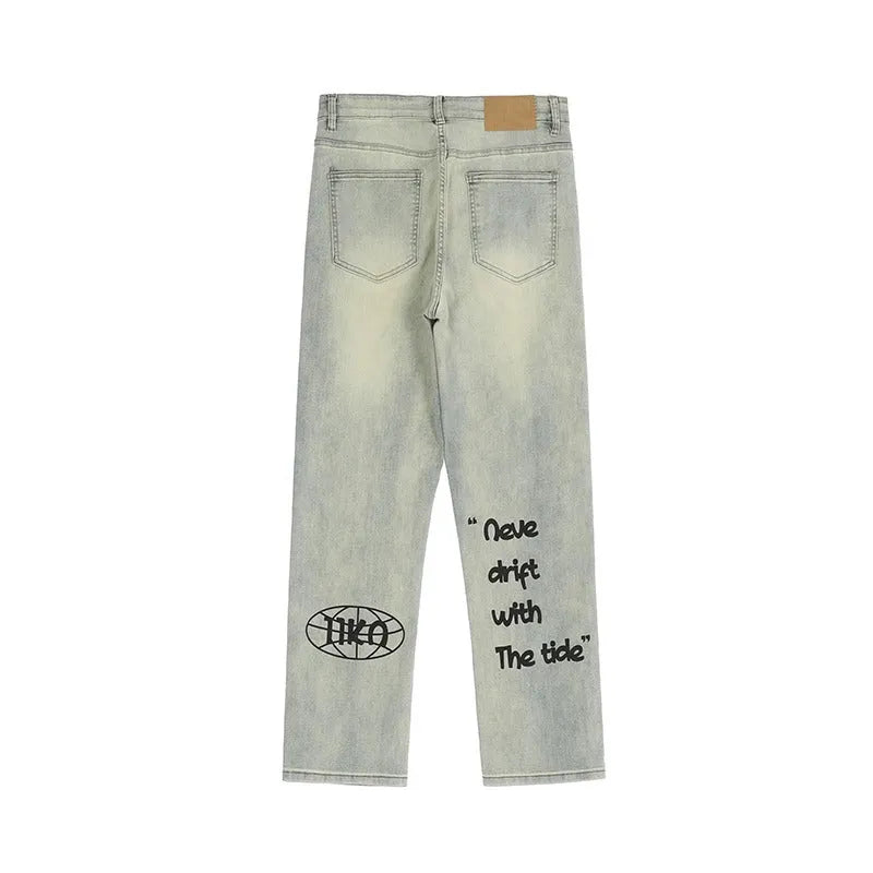 Khaki vintage washed straight-leg jeans with yellow mud dye and letter print, non-stretch mid-rise denim trousers.