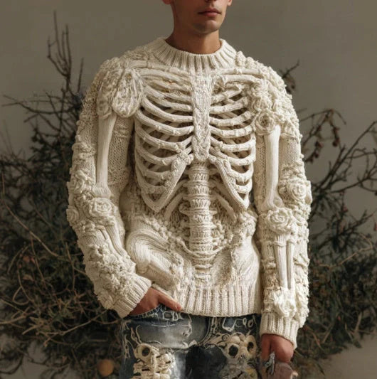 Beige 3D digital printing sweater with stereo pattern, round neck, and conventional sleeves