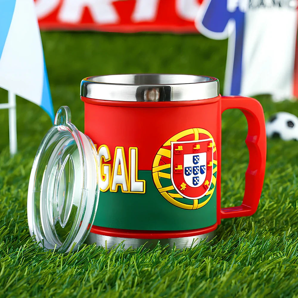 World Cup football mug in team colours with 7.6cm diameter and rubber-metal construction