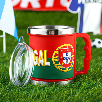 World Cup football mug in team colours with 7.6cm diameter and rubber-metal construction