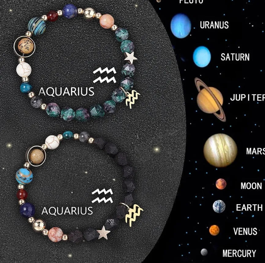 Two natural stone zodiac bracelets with adjustable cords showing sliding knot mechanism and zodiac bead details