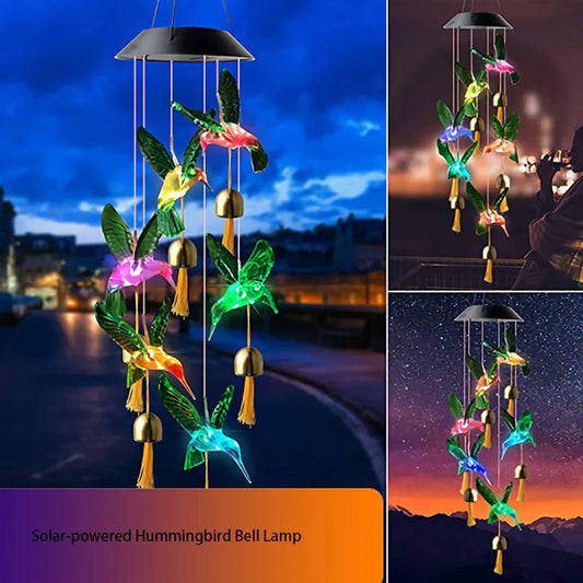 Vibrant solar-powered color changing wind chime with hummingbird and butterfly design for outdoor decor