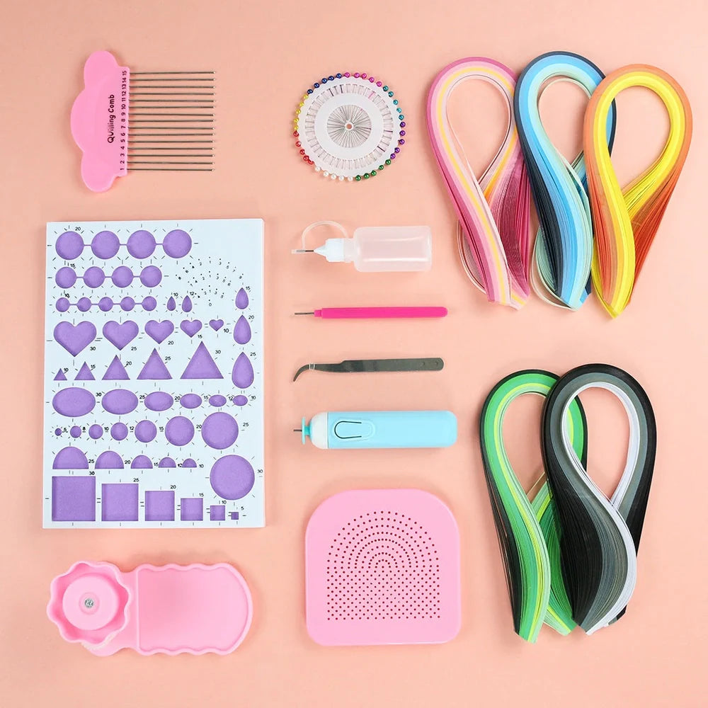 Paper craft kit showing gradient colour paper packs, paper winding disc, wave shaper, and tools in storage box