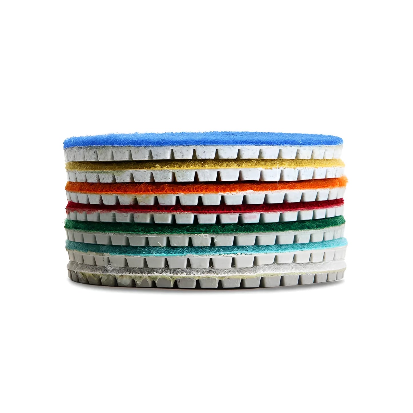 Set of 10 circular stone polishing pads with emery abrasive on a white background.