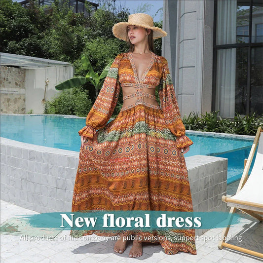 Women's Floral Large Hem Dress in vibrant orange with long sleeves