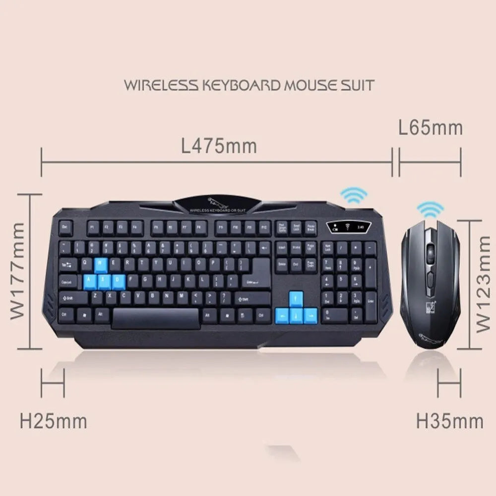 Black wireless keyboard and mouse combo set with USB receiver, ABS plastic, 12000 DPI optical mouse.