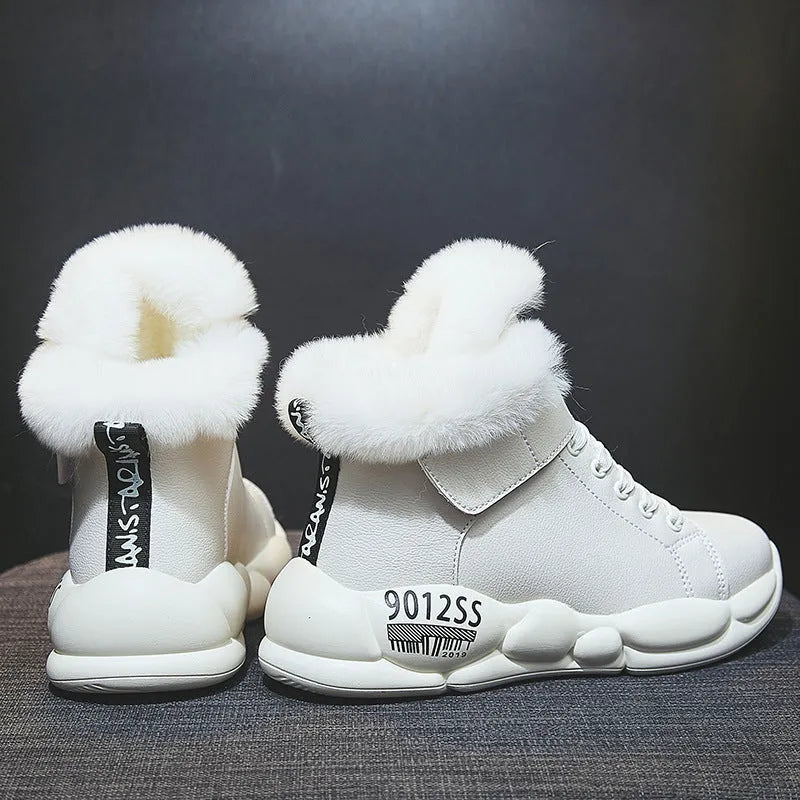 White warm snow boots, high upper, recycled leather and sheepskin leather, polyurethane sole, sizes 35-40