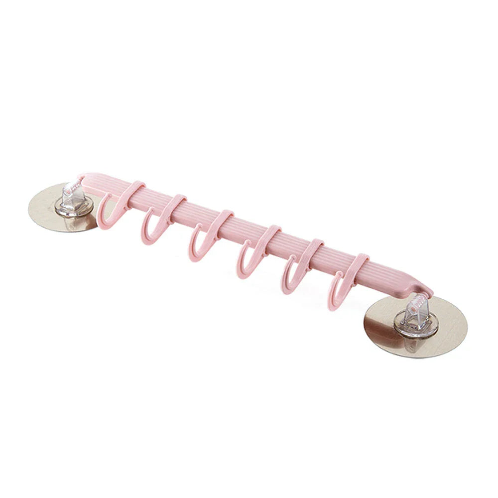 Versatile wall-mounting hooks with 180-degree rotating design, strong adhesive backing, and six movable hooks for seamless organization