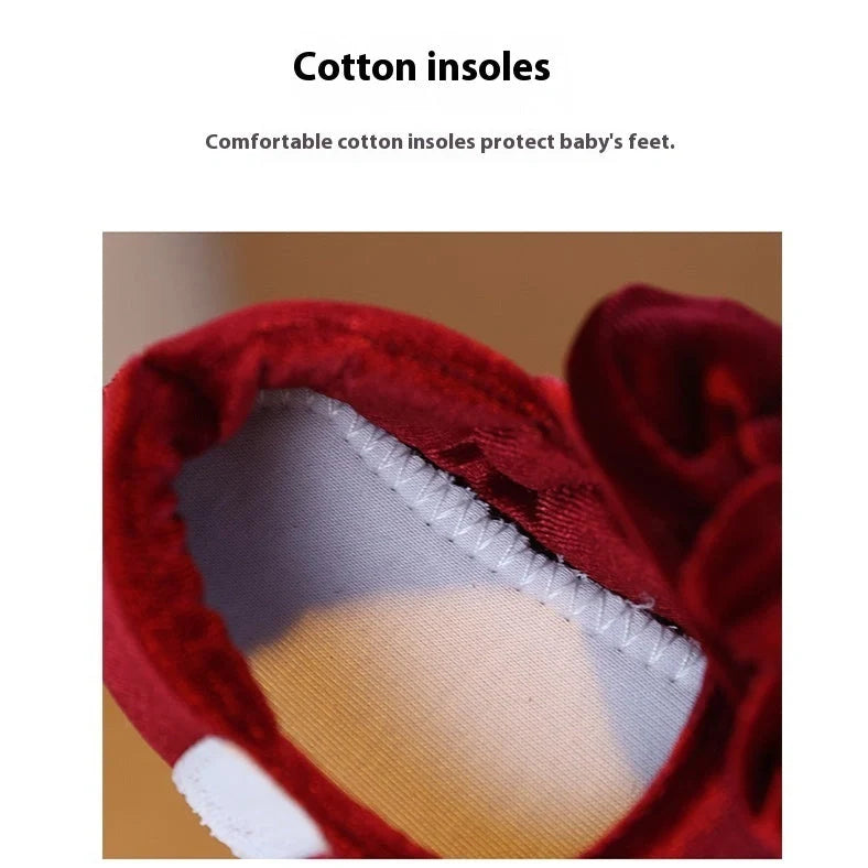 Wine red baby girl's shoes with elastic band closure and textured non-slip rubber soles